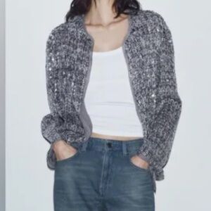 Zara ZW Limited Collection Textured Sequin Jacket Silver Size L